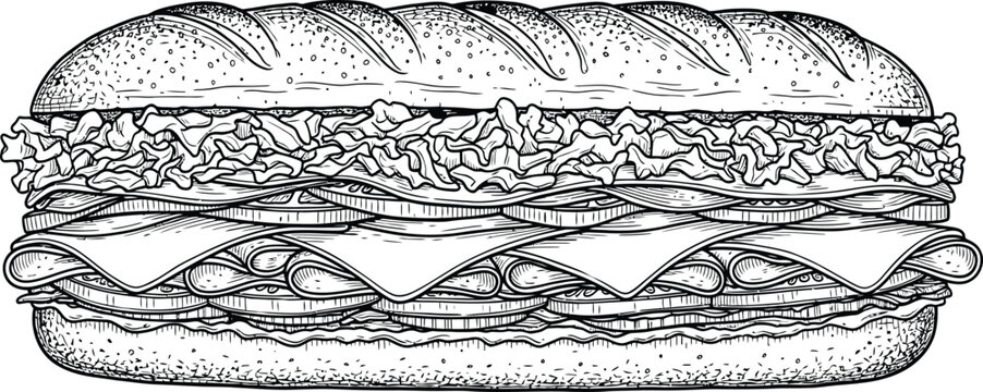 Vintage Style Hand Drawn Sub Sandwich Illustration Featuring Layers of Meat Cheese and Lettuce on a Long Baguette for Menu Design and Food Branding