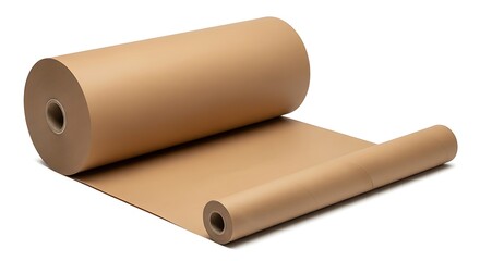 Large roll of brown kraft paper unrolling on a clean white background