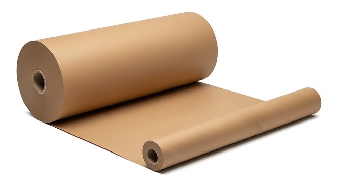 Large roll of brown kraft paper unrolling on a clean white background