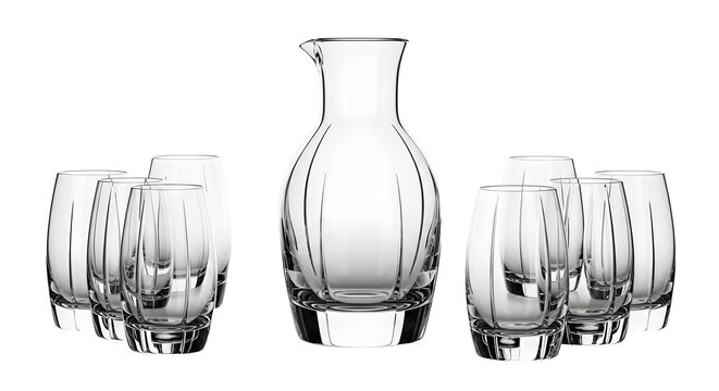 Elegant glass decanter and matching glasses set for wine and other beverages