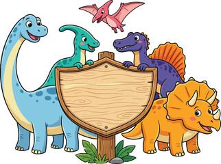 Cute dinosaur cartoon illustration with wooden signboard, colorful prehistoric characters including triceratops and pterodactyl, kids design, animal banner template © VectoBloom