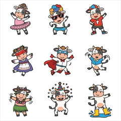 Fototapeta premium Set of nine cute cartoon cow characters in various costumes and colorful outfits for children design isolated on white background vector illustration