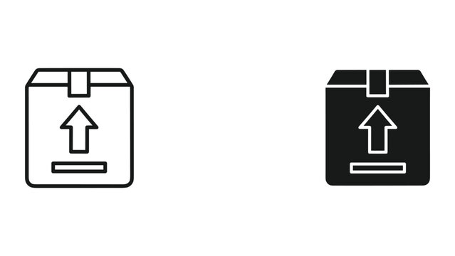 A black icon featuring a closed cardboard box with an upward-pointing arrow and a rectangular tab at the top representing package shipment or delivery in a simple digital graphic design style
