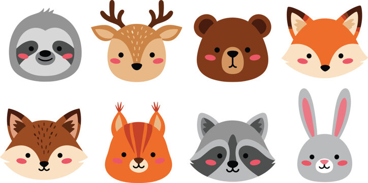 Cute forest animal faces collection illustration, sloth deer bear fox raccoon bunny characters, cartoon wildlife icons, kids design set
