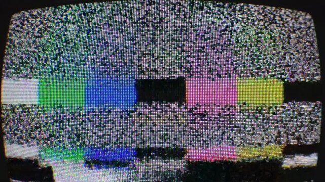 Glitch noise static with television screen effect concept. Vintage TV screen with colorful test pattern and static noise signal on old television set