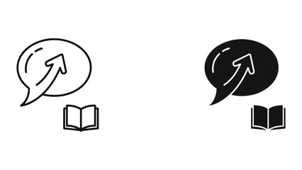 Fototapeta premium A black and white icon representing a speech bubble with an upward arrow above an open book symbolizing ideas and knowledge sharing