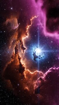 A vibrant deep space nebula glows with brilliant blue and orange light amidst a vast field of distant stars in the dark night sky