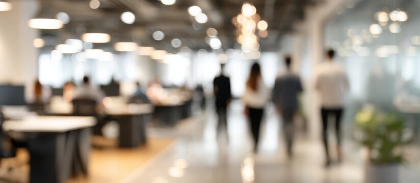 Blurred view of an open plan office with workers and modern furniture