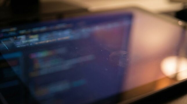 A blurred laptop screen displaying code in a dark room with a soft light source