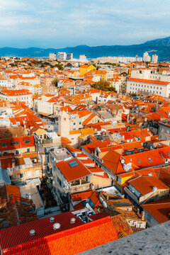 Aerial panoramic view of Split old town and Diocletian's Palace from the Saint Domnius Cathedral bell tower, UNESCO World Heritage site, Croatia.