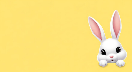 Obraz premium Adorable white bunny with big pink ears peeking playfully on a bright yellow background, perfect for springtime projects
