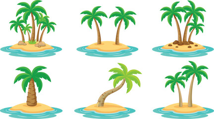 Obraz premium Tropical island illustration set, palm trees on small sandy islands surrounded by water in different styles, summer vacation concept, nature collection