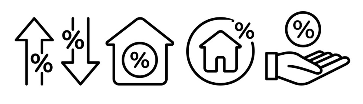 Mortgage rate icon set. High and low house interest rate icon collection. Credit card loan rate percentage sign. High inflation rate line symbol - Stock vector