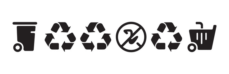 Set of black recycle bin icons, no burning symbol and shopping cart isolated on white © MST
