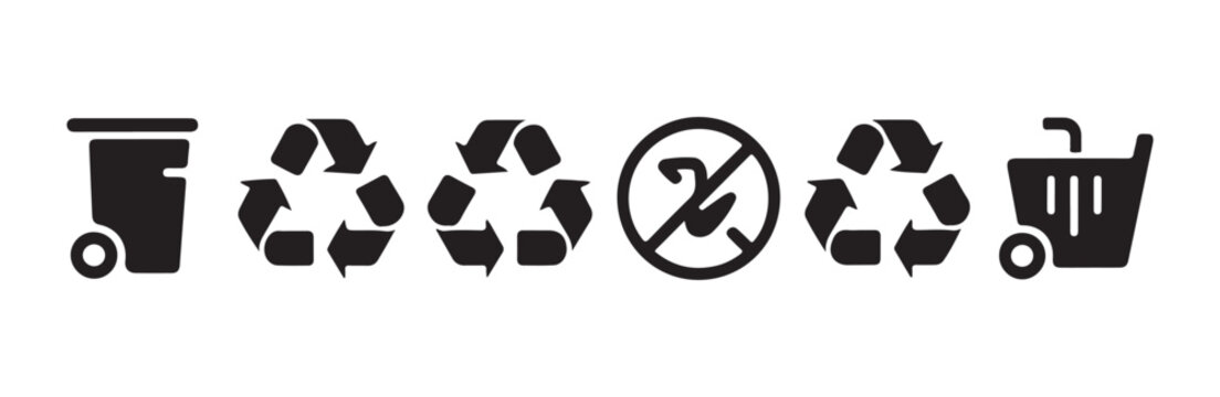 Set of black recycle bin icons, no burning symbol and shopping cart isolated on white