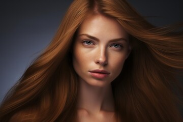 Fototapeta premium Studio portrait of a fashion model with long, flowing red hair, creating a dynamic and elegant image