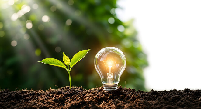 A light bulb and a plant growing out of the ground representing eco friendly ideas and sustainability
