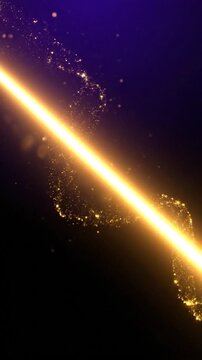 A bright golden streak of light cuts across a dark blue background with glowing particles