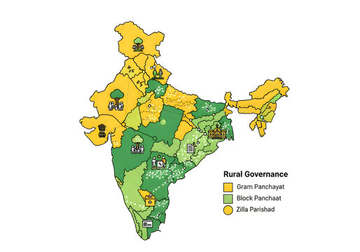 Map of India showing Rural Governance divisions: Gram Panchayat, Block Panchayat, Zila Parishad in vibrant colors.