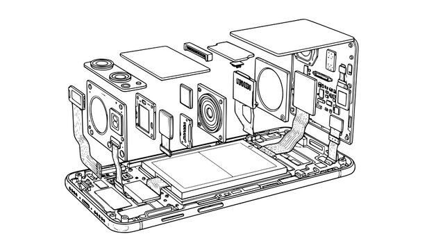 A detailed line drawing of a disassembled electronic device showing its internal components and mechanical structure in a technical illustration style