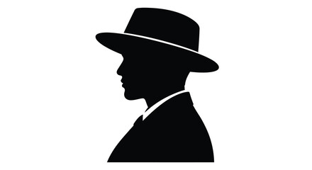 Black silhouette profile of a man wearing a fedora hat and suit, flat design vector illustration © Tuhin