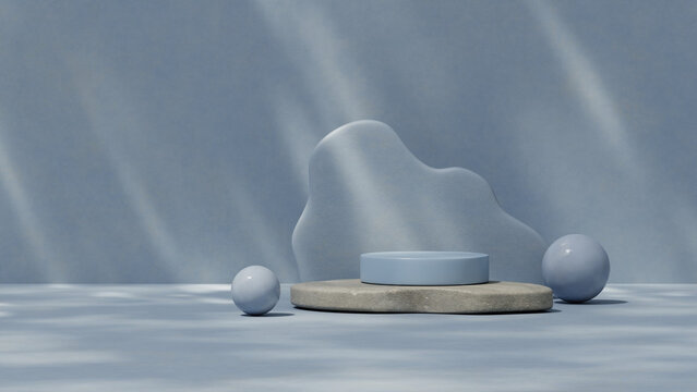 Blue abstract cosmetic podium with sphere and curved form for skincare product mockup. Minimal studio setup with soft light for branding and advertising. 3D render.
