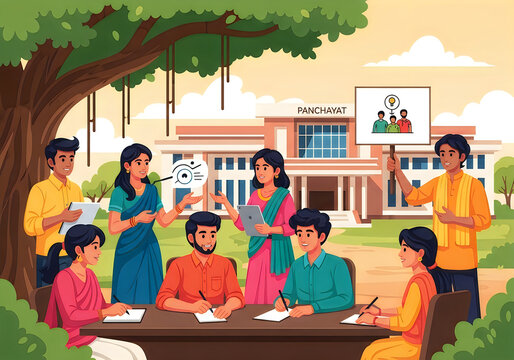 Indian Village Meeting: People Discussing Community Issues Outdoors Near Panchayat Building