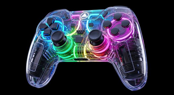 A transparent gaming controller with colorful neon lights against a black background
