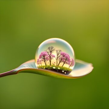 extreme macro water droplet resting on a leaf containing a tiny inverted spring world with blooming flowers trees and soft sky