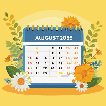 Illustrated august 2055 calendar with floral elements and yellow background