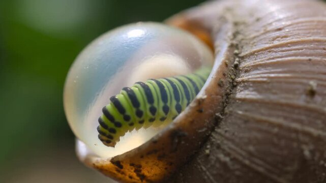 Macro close-up of a caterpillar inside a translucent egg sac with a snail shell.