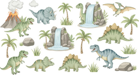 Prehistoric landscape with dinosaurs volcanoes palm trees and waterfalls in a lush green and blue fantasy world scene © Farzana