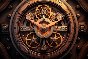 Fototapeta premium Golden gears and hands turning in a complex clockwork, symbolizing the precise measurement of time