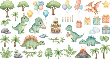 Colorful illustration of dinosaurs and prehistoric plants and objects in a fantasy landscape © Farzana
