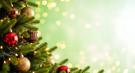 Obraz premium Festive christmas tree decorations with bokeh lights in the background