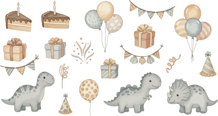 Whimsical dinosaur party decorations with balloons and streamers on white background for kids celebration © Farzana