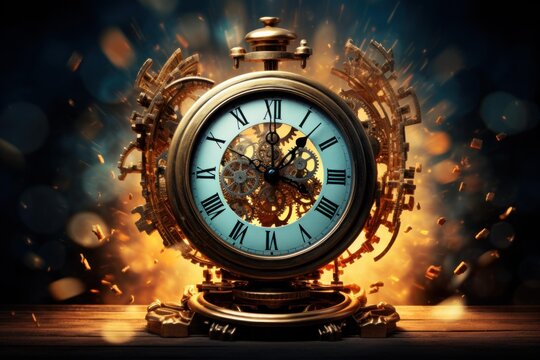 Exploding antique clock with visible gears and roman numerals on dark background with bokeh effect represents the concept of time