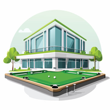 Modern green building with billiard table and trees on white background
