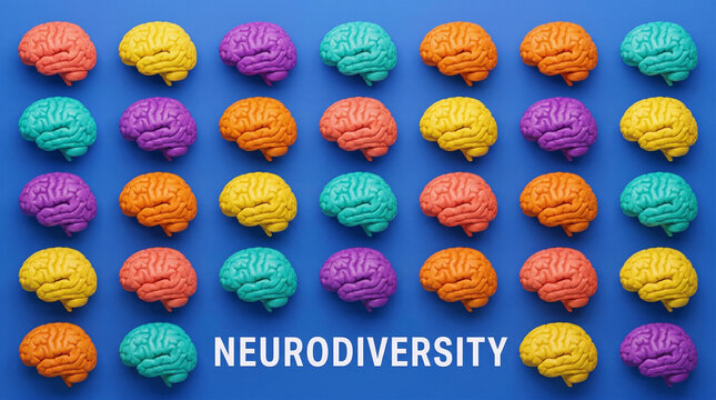 Neurodiversity Concept with Colourful Brain Pattern on Blue Background