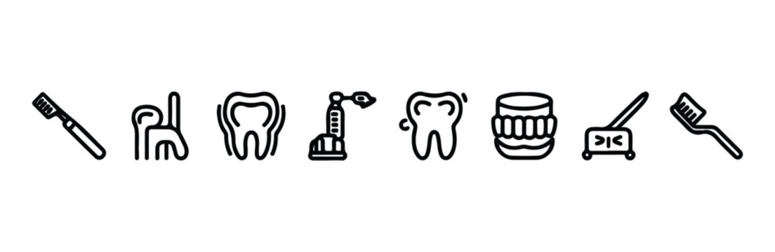 Oral hygiene and dentistry icons featuring toothbrush, dental chair, and false teeth symbols