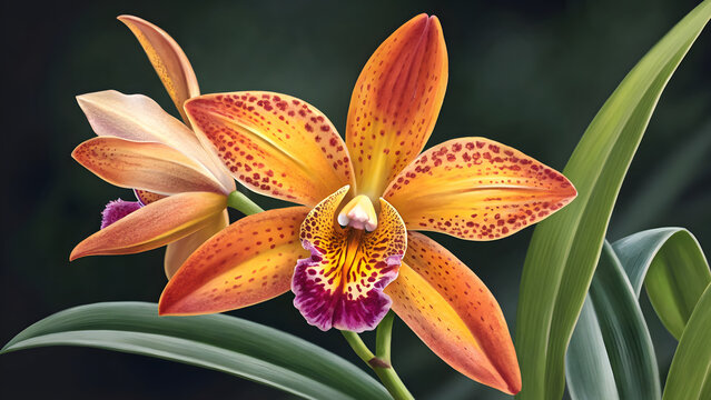 Beautiful orange orchid flower with purple details on a dark background