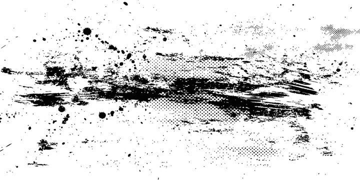 Black ink grunge brush stroke background with distressed splatter and halftone texture vector