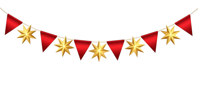 Red triangle flags and gold star garland