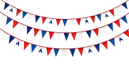 Obraz premium Red white blue bunting flags strung across white background