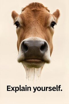Close-up of cow confused face, beige background, clean font, slogan: "Explain yourself."