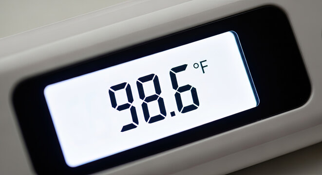 Digital thermometer displaying temperature reading of 98.6 degrees  