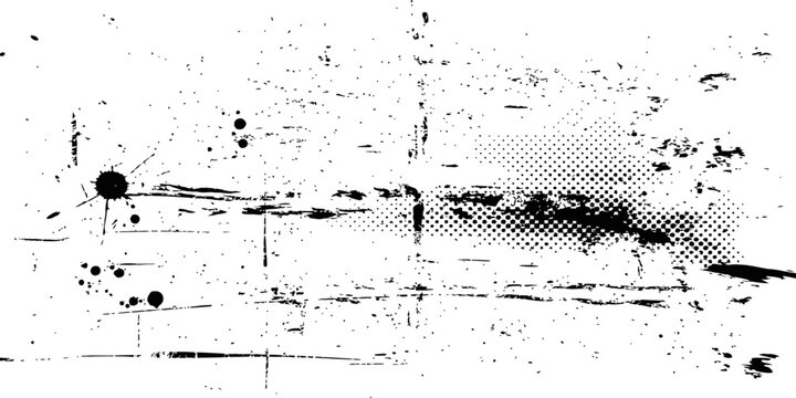 Abstract Grunge Texture Vector Background with Ink Splatters and Halftone Dots Black and White Distressed Design Element