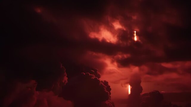 Missile launch in iran during red sky forming bright light streaks and smoke clouds over city skyline with dramatic visual impact