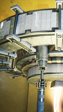 This captivating scene showcases a futuristic energy device with detailed metalwork and vibrant lights. The mechanisms seem to hum with power, promising advanced technology and innovation.