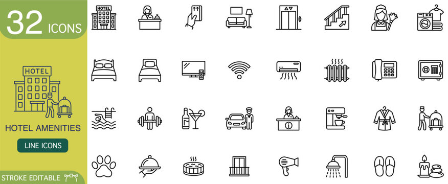 Hotel amenity icon line outline set pictogram for hospitality service featuring reception bed elevator wifi air conditioner restaurant laundry spa symbols editable stroke